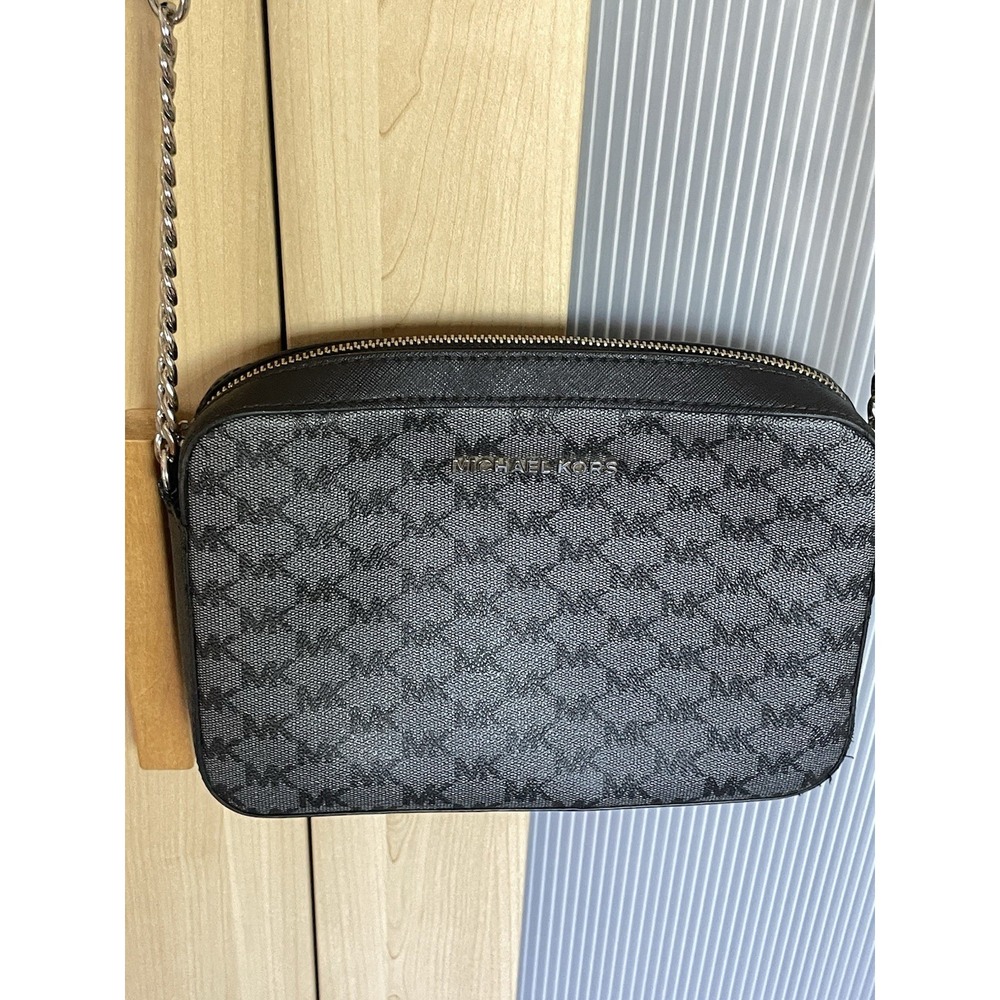 Michael Kors Jet Set Crossbody PVC Leather Bag MK Black Gray Small Travel Casual